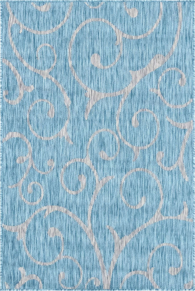 Light Aqua 4' 1 x 6' 1 Outdoor Botanical Rectangle Area Rug Weather Resistant for Patio, Deck, Terrace, Balcony, Porch Polypropylene Garden Floral Tropical Carpet for Sale at Rug Engine