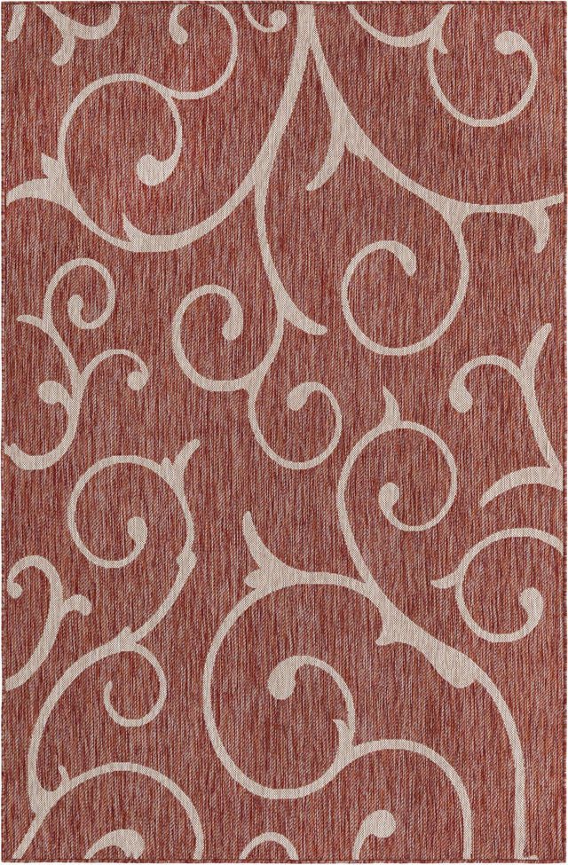 Rust Red 5' 3 x 8' Outdoor Botanical Rectangle Area Rug Weather Resistant for Patio, Deck, Terrace, Balcony, Porch Polypropylene Garden Floral Tropical Carpet for Sale at Rug Engine