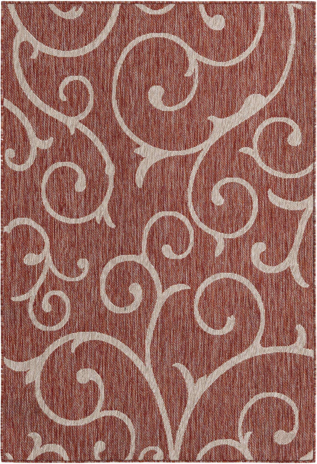 Rust Red 4' 1 x 6' 1 Outdoor Botanical Rectangle Area Rug Weather Resistant for Patio, Deck, Terrace, Balcony, Porch Polypropylene Garden Floral Tropical Carpet for Sale at Rug Engine