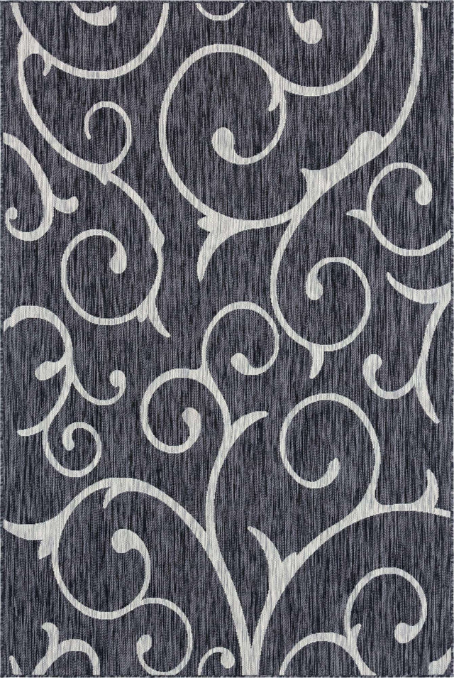 Charcoal Gray 6' 1 x 9' Outdoor Botanical Rectangle Area Rug Weather Resistant for Patio, Deck, Terrace, Balcony, Porch Polypropylene Garden Floral Tropical Carpet for Sale at Rug Engine