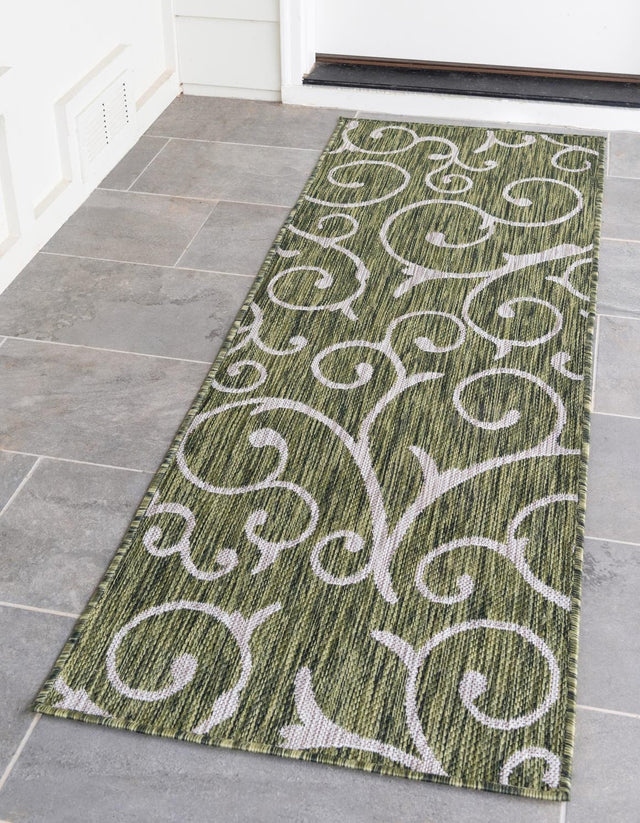 Green 2' x 6' 1 Outdoor Botanical Runner Area Rug Weather Resistant for Patio, Deck, Terrace, Balcony, Porch Polypropylene Garden Floral Tropical Carpet for Sale at Rug Engine