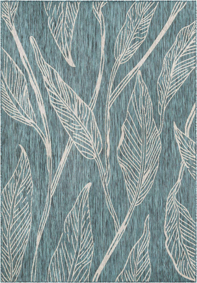 Teal 7' 1 x 10' Outdoor Botanical Rectangle Area Rug Weather Resistant for Patio, Deck, Terrace, Balcony, Porch Polypropylene Garden Floral Tropical Carpet for Sale at Rug Engine