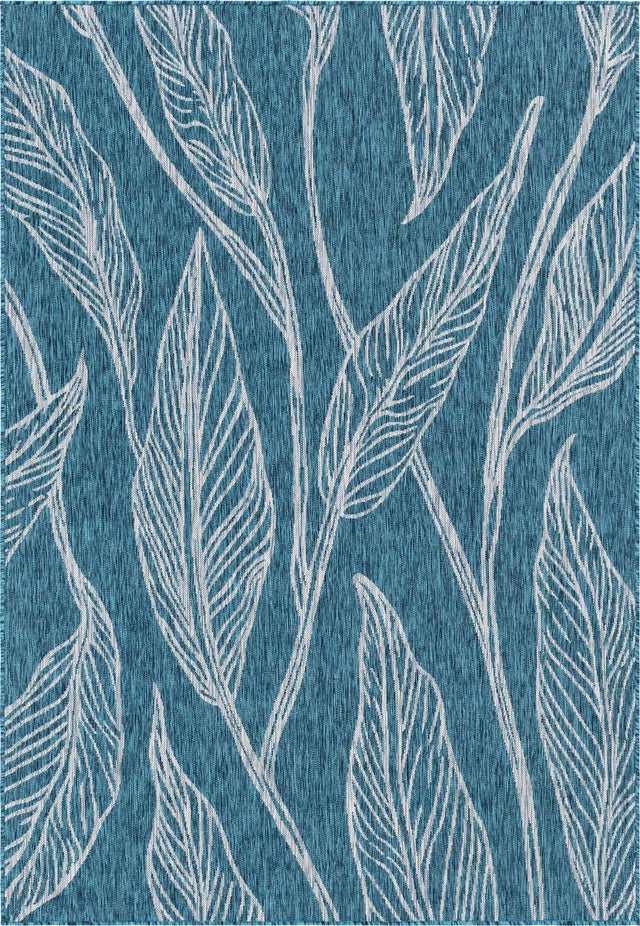 Teal 6' 1 x 9' Outdoor Botanical Rectangle Area Rug Weather Resistant for Patio, Deck, Terrace, Balcony, Porch Polypropylene Garden Floral Tropical Carpet for Sale at Rug Engine