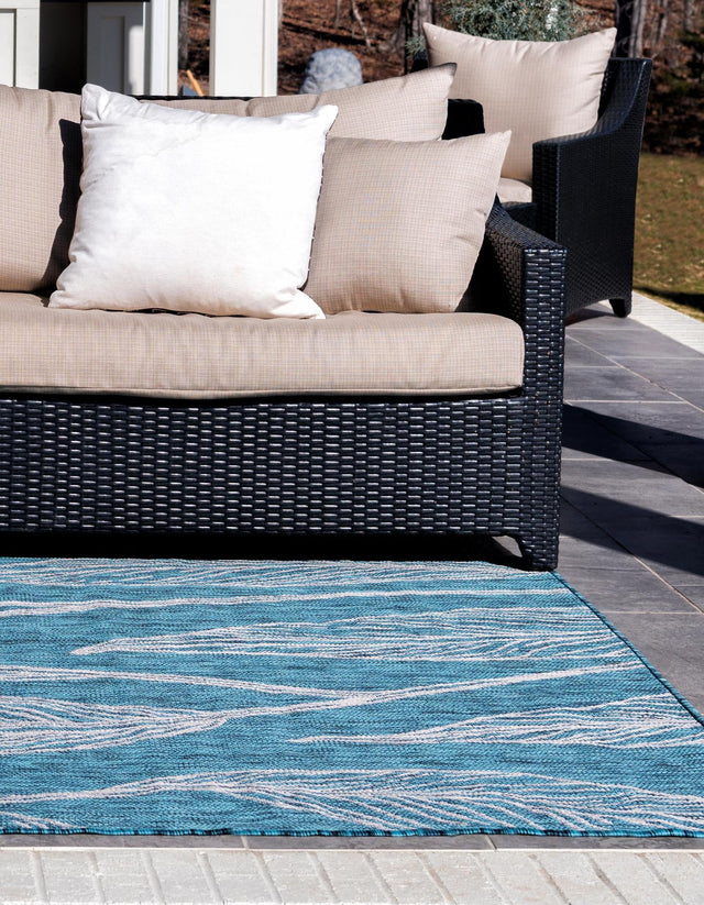 Teal 9' x 12' Outdoor Botanical Rectangle Area Rug Weather Resistant for Patio, Deck, Terrace, Balcony, Porch Polypropylene Garden Floral Tropical Carpet for Sale at Rug Engine