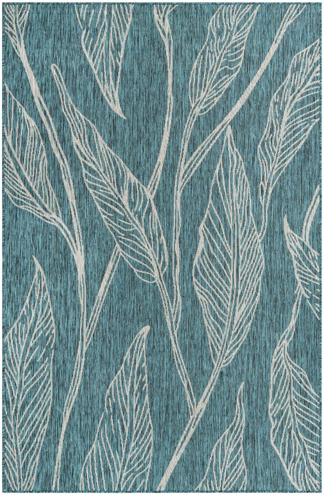 Teal 5' 3 x 8' Outdoor Botanical Rectangle Area Rug Weather Resistant for Patio, Deck, Terrace, Balcony, Porch Polypropylene Garden Floral Tropical Carpet for Sale at Rug Engine
