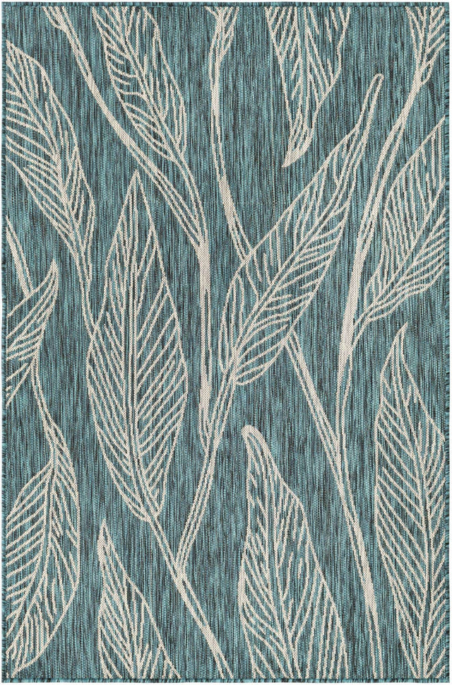 Teal 4' 1 x 6' 1 Outdoor Botanical Rectangle Area Rug Weather Resistant for Patio, Deck, Terrace, Balcony, Porch Polypropylene Garden Floral Tropical Carpet for Sale at Rug Engine