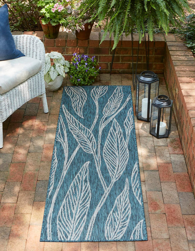 Teal 2' x 6' 1 Outdoor Botanical Runner Area Rug Weather Resistant for Patio, Deck, Terrace, Balcony, Porch Polypropylene Garden Floral Tropical Carpet for Sale at Rug Engine