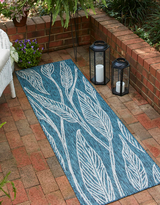 Teal 2' x 6' 1 Outdoor Botanical Runner Area Rug Weather Resistant for Patio, Deck, Terrace, Balcony, Porch Polypropylene Garden Floral Tropical Carpet for Sale at Rug Engine