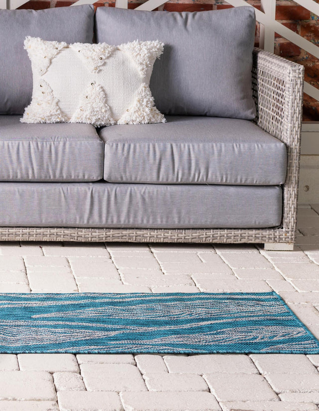 Teal 2' x 6' 1 Outdoor Botanical Runner Area Rug Weather Resistant for Patio, Deck, Terrace, Balcony, Porch Polypropylene Garden Floral Tropical Carpet for Sale at Rug Engine