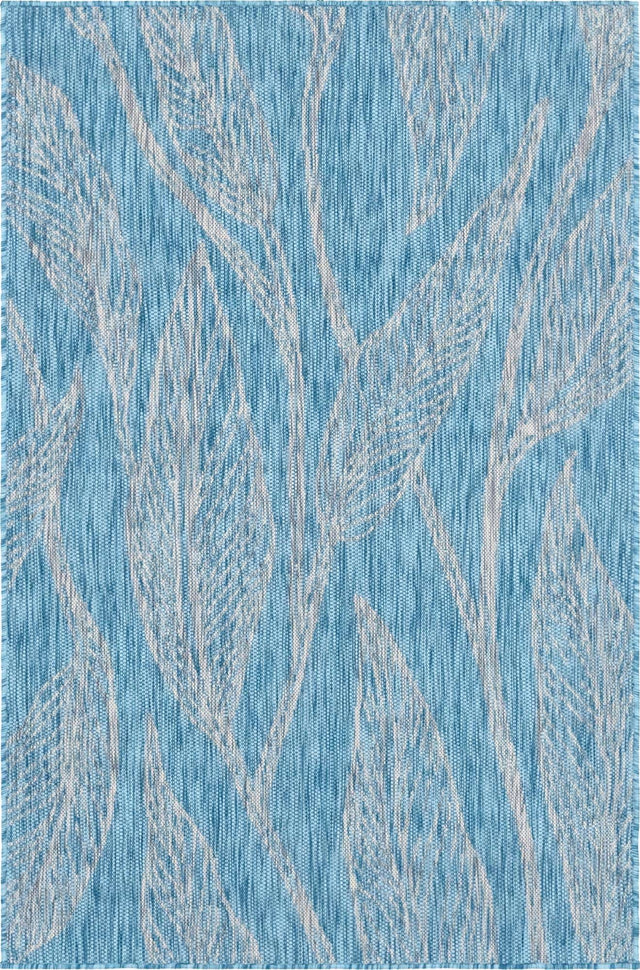 Light Aqua 4' 1 x 6' 1 Outdoor Botanical Rectangle Area Rug Weather Resistant for Patio, Deck, Terrace, Balcony, Porch Polypropylene Garden Floral Tropical Carpet for Sale at Rug Engine