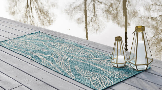 Light Aqua 2' x 6' 1 Outdoor Botanical Runner Area Rug Weather Resistant for Patio, Deck, Terrace, Balcony, Porch Polypropylene Garden Floral Tropical Carpet for Sale at Rug Engine