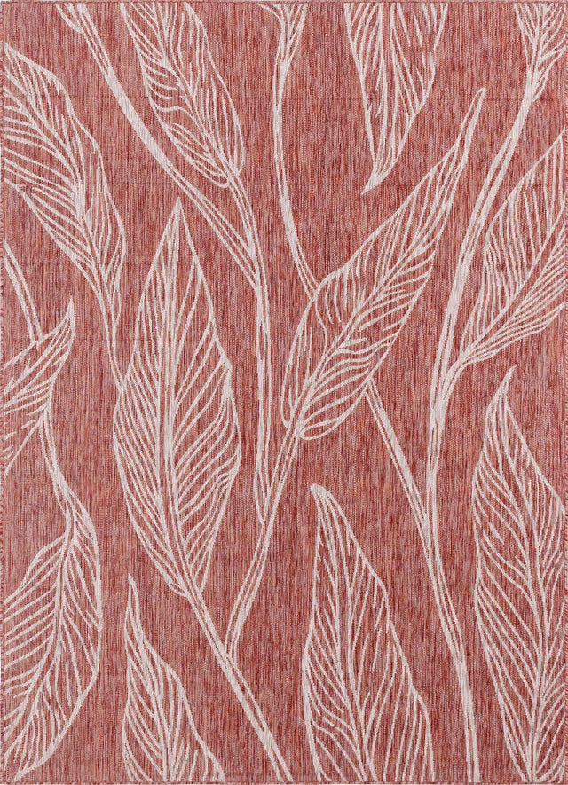 Rust Red 7' 1 x 10' Outdoor Botanical Rectangle Area Rug Weather Resistant for Patio, Deck, Terrace, Balcony, Porch Polypropylene Garden Floral Tropical Carpet for Sale at Rug Engine