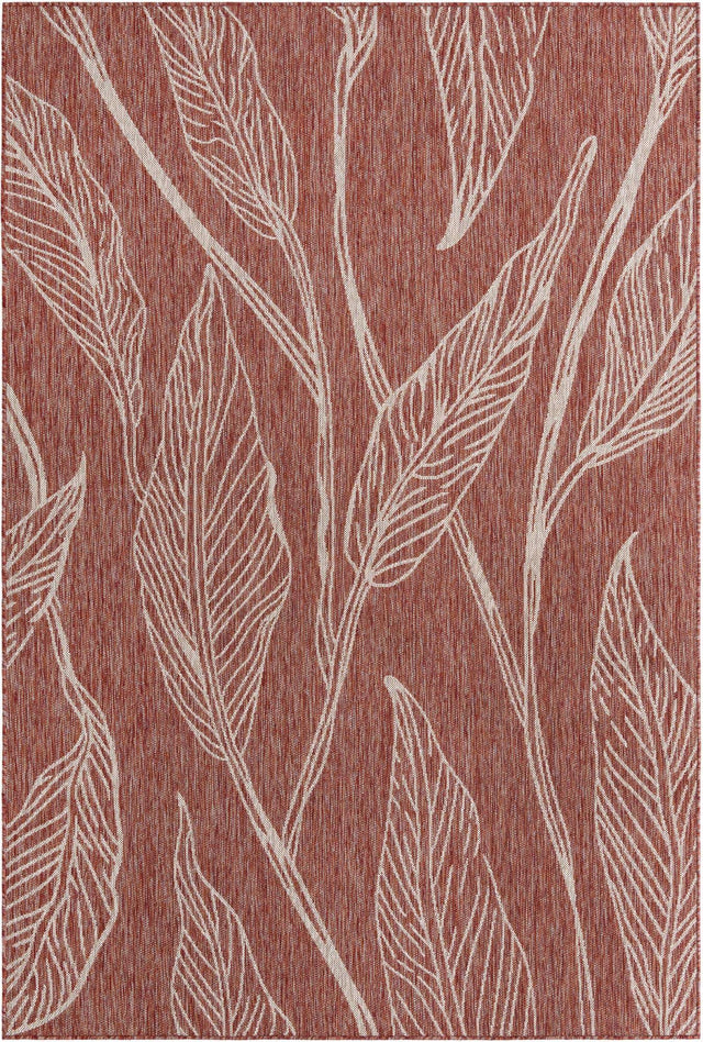 Rust Red 6' 1 x 9' Outdoor Botanical Rectangle Area Rug Weather Resistant for Patio, Deck, Terrace, Balcony, Porch Polypropylene Garden Floral Tropical Carpet for Sale at Rug Engine