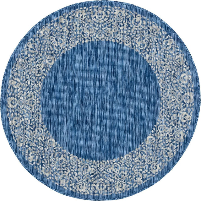 Blue 4' 1 x 4' 1 Outdoor Border Round Area Rug Weather Resistant for Patio, Deck, Terrace, Balcony, Porch 100% Polypropylene Classic Bordered Carpet for Sale at Rug Engine