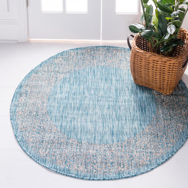 Aqua 13' 1 x 13' 1 Outdoor Border Round Area Rug Weather Resistant for Patio, Deck, Terrace, Balcony, Porch 100% Polypropylene Classic Bordered Carpet for Sale at Rug Engine