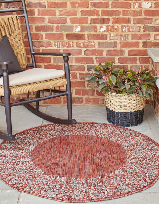 Rust Red 10' 8 x 10' 8 Outdoor Border Round Area Rug Weather Resistant for Patio, Deck, Terrace, Balcony, Porch 100% Polypropylene Classic Bordered Carpet for Sale at Rug Engine