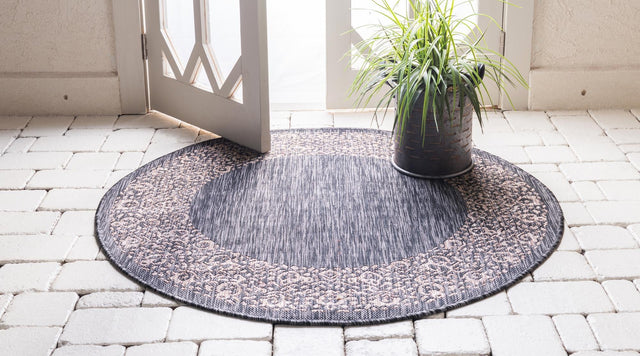 Charcoal Gray 4' 1 x 4' 1 Outdoor Border Round Area Rug Weather Resistant for Patio, Deck, Terrace, Balcony, Porch 100% Polypropylene Classic Bordered Carpet for Sale at Rug Engine
