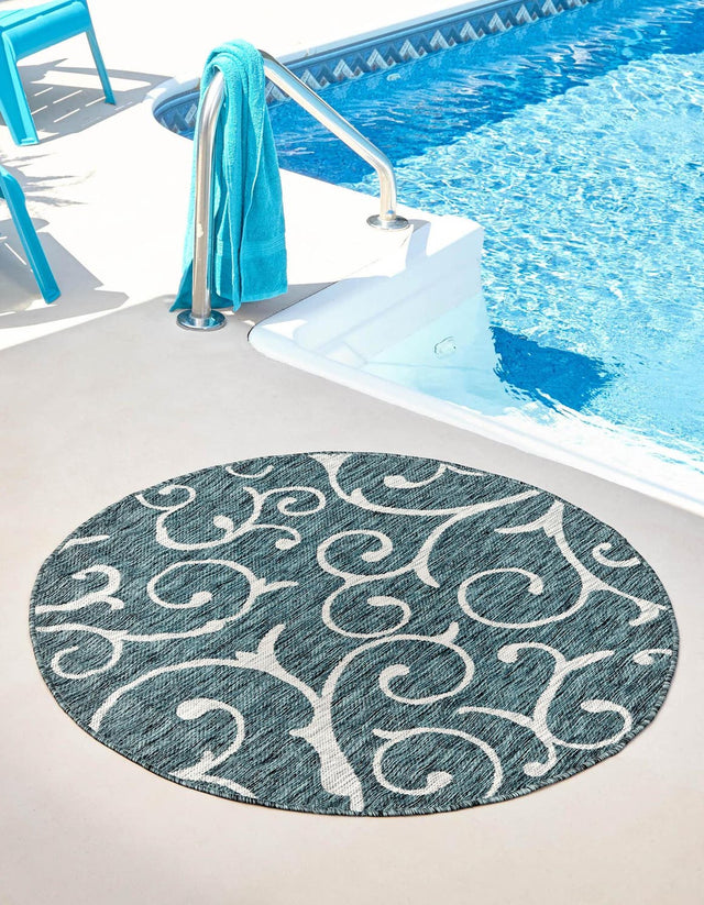 Teal 13' 1 x 13' 1 Outdoor Botanical Round Area Rug Weather Resistant for Patio, Deck, Terrace, Balcony, Porch Polypropylene Garden Floral Tropical Carpet for Sale at Rug Engine
