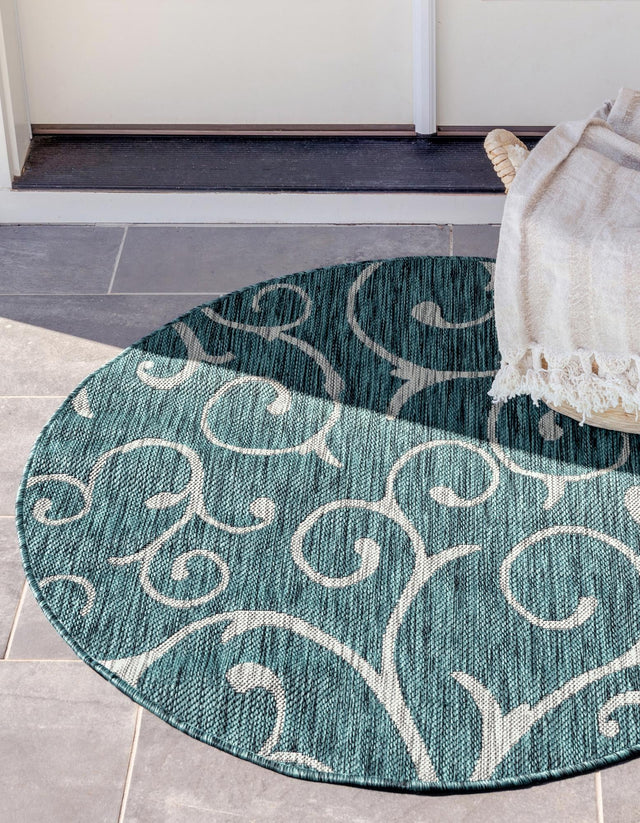 Teal 10' 8 x 10' 8 Outdoor Botanical Round Area Rug Weather Resistant for Patio, Deck, Terrace, Balcony, Porch Polypropylene Garden Floral Tropical Carpet for Sale at Rug Engine
