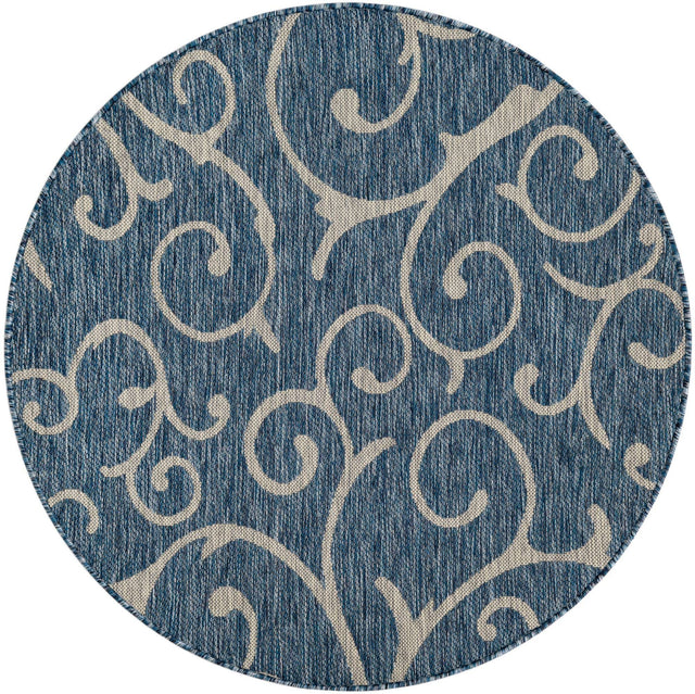 Blue 4' 1 x 4' 1 Outdoor Botanical Round Area Rug Weather Resistant for Patio, Deck, Terrace, Balcony, Porch Polypropylene Garden Floral Tropical Carpet for Sale at Rug Engine