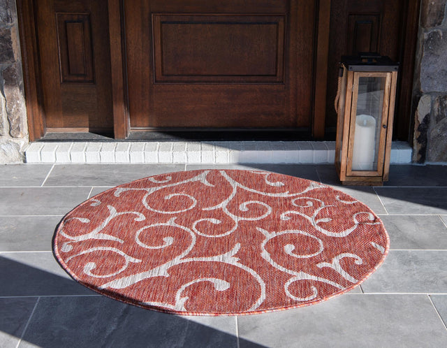 Rust Red 13' 1 x 13' 1 Outdoor Botanical Round Area Rug Weather Resistant for Patio, Deck, Terrace, Balcony, Porch Polypropylene Garden Floral Tropical Carpet for Sale at Rug Engine