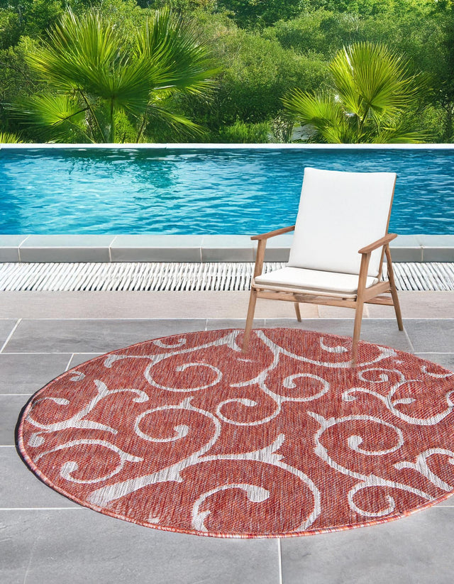 Rust Red 10' 8 x 10' 8 Outdoor Botanical Round Area Rug Weather Resistant for Patio, Deck, Terrace, Balcony, Porch Polypropylene Garden Floral Tropical Carpet for Sale at Rug Engine