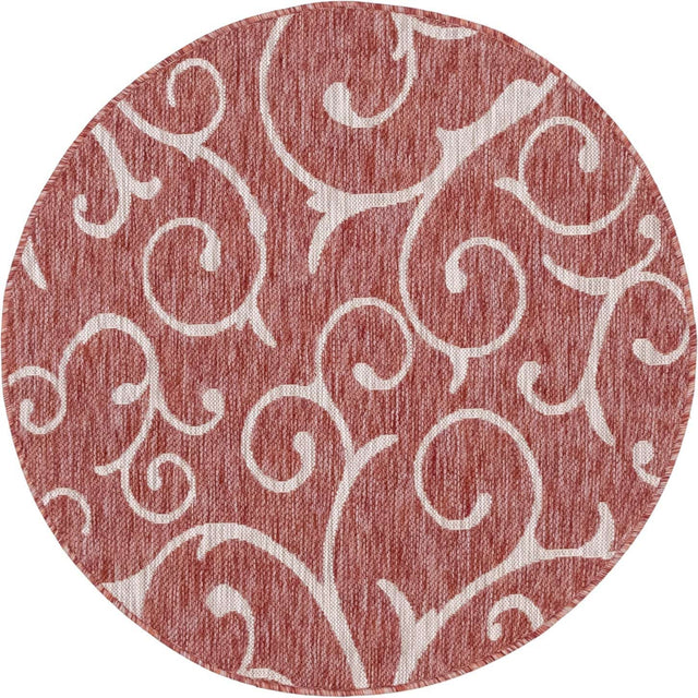 Rust Red 4' 1 x 4' 1 Outdoor Botanical Round Area Rug Weather Resistant for Patio, Deck, Terrace, Balcony, Porch Polypropylene Garden Floral Tropical Carpet for Sale at Rug Engine