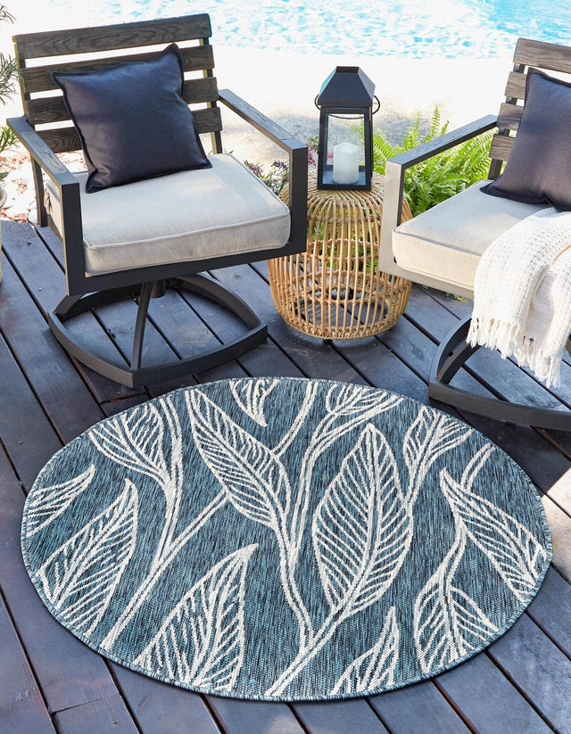 Teal 13' 1 x 13' 1 Outdoor Botanical Round Area Rug Weather Resistant for Patio, Deck, Terrace, Balcony, Porch Polypropylene Garden Floral Tropical Carpet for Sale at Rug Engine