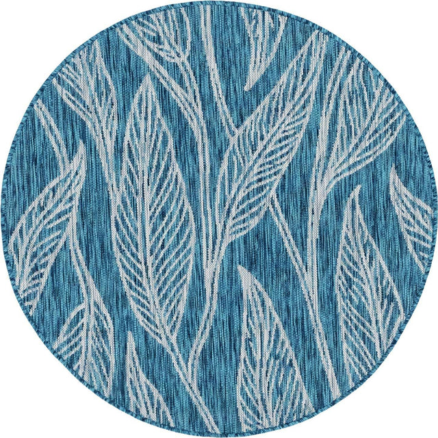 Teal 4' 1 x 4' 1 Outdoor Botanical Round Area Rug Weather Resistant for Patio, Deck, Terrace, Balcony, Porch Polypropylene Garden Floral Tropical Carpet for Sale at Rug Engine