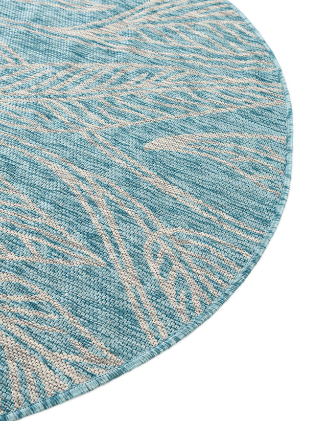 Light Aqua 4' 1 x 4' 1 Outdoor Botanical Round Area Rug Weather Resistant for Patio, Deck, Terrace, Balcony, Porch Polypropylene Garden Floral Tropical Carpet for Sale at Rug Engine