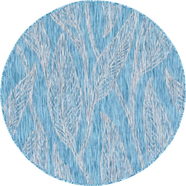 Light Aqua 4' 1 x 4' 1 Outdoor Botanical Round Area Rug Weather Resistant for Patio, Deck, Terrace, Balcony, Porch Polypropylene Garden Floral Tropical Carpet for Sale at Rug Engine