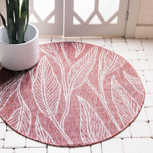 Rust Red 4' 1 x 4' 1 Outdoor Botanical Round Area Rug Weather Resistant for Patio, Deck, Terrace, Balcony, Porch Polypropylene Garden Floral Tropical Carpet for Sale at Rug Engine