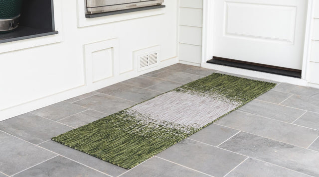 Green 2' x 6' 1 Outdoor Modern Runner Area Rug Weather Resistant for Patio, Deck, Terrace, Balcony, Porch 100% Polypropylene Modern Outside Carpet for Sale at Rug Engine