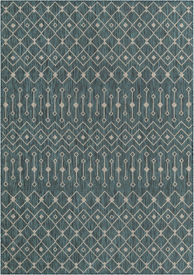 Teal 7' 1 x 10' Outdoor Trellis Rectangle Area Rug Weather Resistant for Patio, Deck, Terrace, Balcony, Porch Geometric Design Water Safe Outside Carpet for Sale at Rug Engine