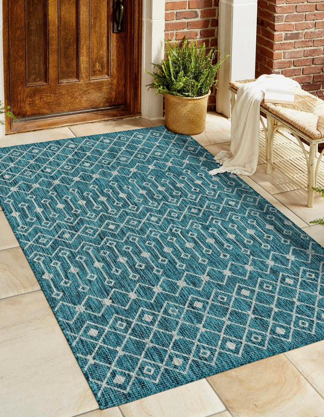 Teal 5' 3 x 8' Outdoor Trellis Rectangle Area Rug Weather Resistant for Patio, Deck, Terrace, Balcony, Porch Geometric Design Water Safe Outside Carpet for Sale at Rug Engine
