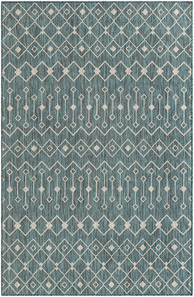 Teal 5' 3 x 8' Outdoor Trellis Rectangle Area Rug Weather Resistant for Patio, Deck, Terrace, Balcony, Porch Geometric Design Water Safe Outside Carpet for Sale at Rug Engine