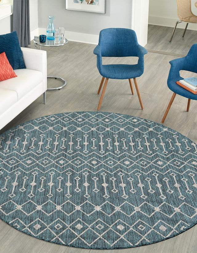 Teal 5' 3 x 5' 3 Outdoor Trellis Round Area Rug Weather Resistant for Patio, Deck, Terrace, Balcony, Porch Geometric Design Water Safe Outside Carpet for Sale at Rug Engine