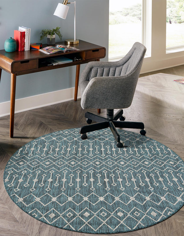 Teal 5' 3 x 5' 3 Outdoor Trellis Round Area Rug Weather Resistant for Patio, Deck, Terrace, Balcony, Porch Geometric Design Water Safe Outside Carpet for Sale at Rug Engine