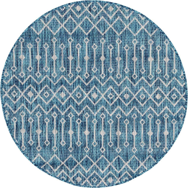 Teal 4' 1 x 4' 1 Outdoor Trellis Round Area Rug Weather Resistant for Patio, Deck, Terrace, Balcony, Porch Geometric Design Water Safe Outside Carpet for Sale at Rug Engine