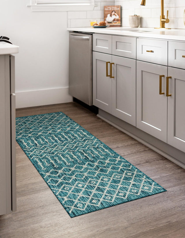Teal 2' x 6' 1 Outdoor Trellis Runner Area Rug Weather Resistant for Patio, Deck, Terrace, Balcony, Porch Geometric Design Water Safe Outside Carpet for Sale at Rug Engine