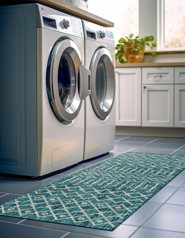 Teal 2' x 6' 1 Outdoor Trellis Runner Area Rug Weather Resistant for Patio, Deck, Terrace, Balcony, Porch Geometric Design Water Safe Outside Carpet for Sale at Rug Engine