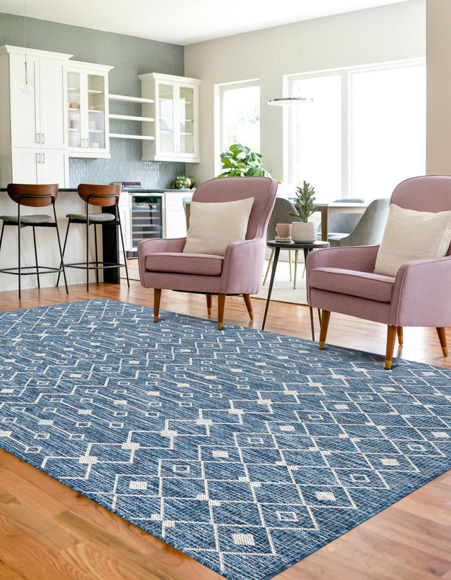 Blue 6' 1 x 9' Outdoor Trellis Rectangle Area Rug Weather Resistant for Patio, Deck, Terrace, Balcony, Porch Geometric Design Water Safe Outside Carpet for Sale at Rug Engine