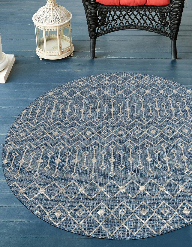 Blue 5' 3 x 5' 3 Outdoor Trellis Round Area Rug Weather Resistant for Patio, Deck, Terrace, Balcony, Porch Geometric Design Water Safe Outside Carpet for Sale at Rug Engine