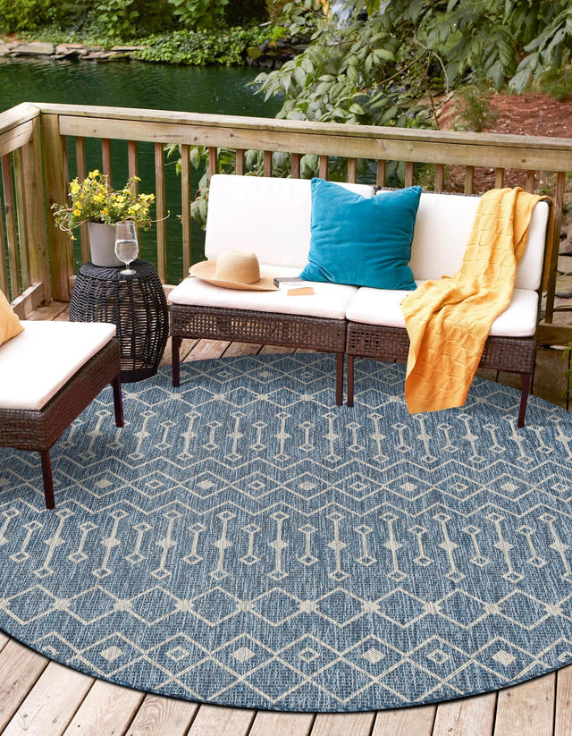 Blue 10' x 10' Outdoor Trellis Round Area Rug Weather Resistant for Patio, Deck, Terrace, Balcony, Porch Geometric Design Water Safe Outside Carpet for Sale at Rug Engine