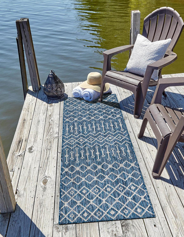 Blue 2' 7 x 12' Outdoor Trellis Runner Area Rug Weather Resistant for Patio, Deck, Terrace, Balcony, Porch Geometric Design Water Safe Outside Carpet for Sale at Rug Engine