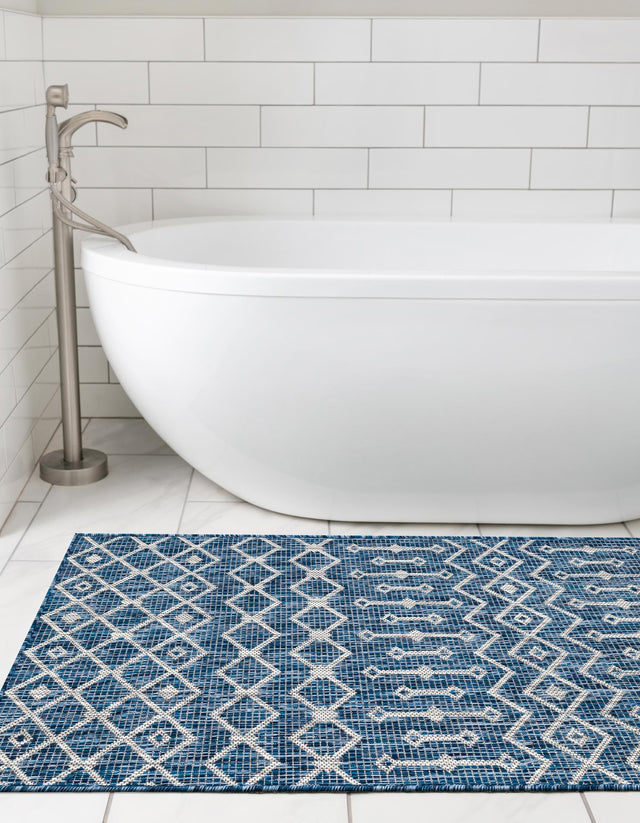 Blue 2' x 8' Outdoor Trellis Runner Area Rug Weather Resistant for Patio, Deck, Terrace, Balcony, Porch Geometric Design Water Safe Outside Carpet for Sale at Rug Engine