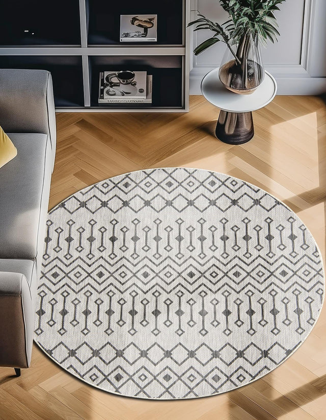 Gray 5' 3 x 5' 3 Outdoor Trellis Round Area Rug Weather Resistant for Patio, Deck, Terrace, Balcony, Porch Geometric Design Water Safe Outside Carpet for Sale at Rug Engine