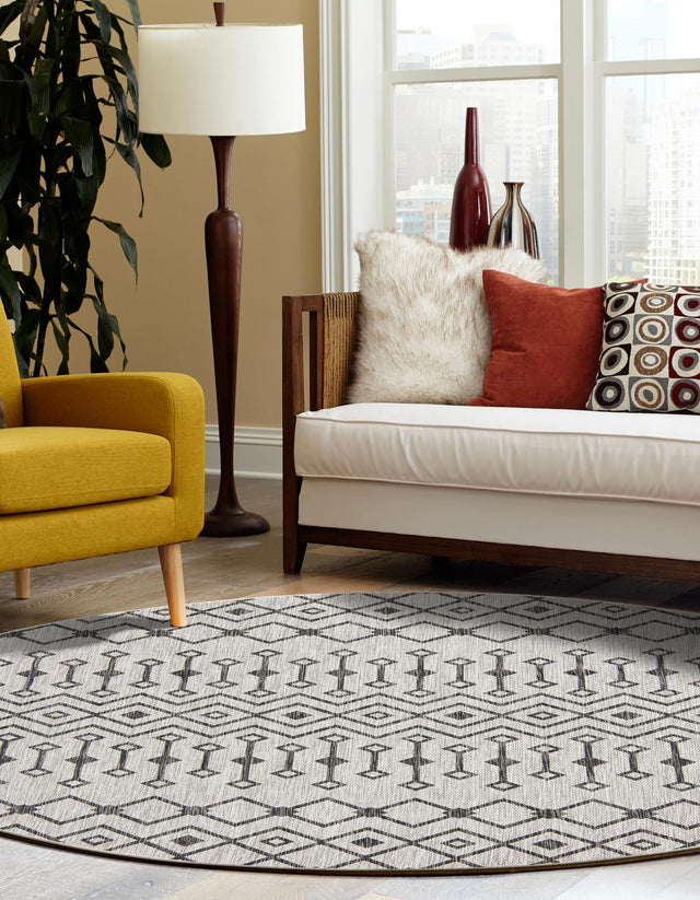Gray 13' 1 x 13' 1 Outdoor Trellis Round Area Rug Weather Resistant for Patio, Deck, Terrace, Balcony, Porch Geometric Design Water Safe Outside Carpet for Sale at Rug Engine