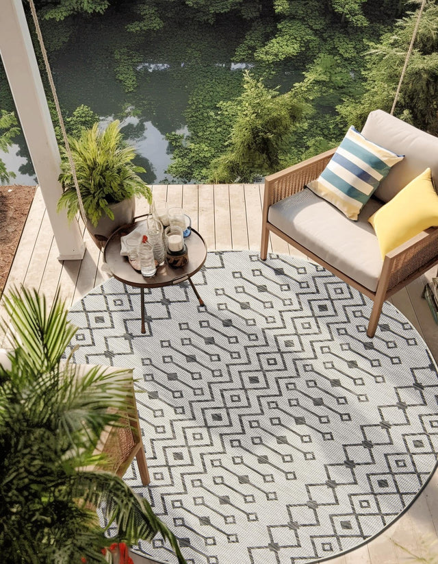 Gray 7' 10 x 7' 10 Outdoor Trellis Round Area Rug Weather Resistant for Patio, Deck, Terrace, Balcony, Porch Geometric Design Water Safe Outside Carpet for Sale at Rug Engine