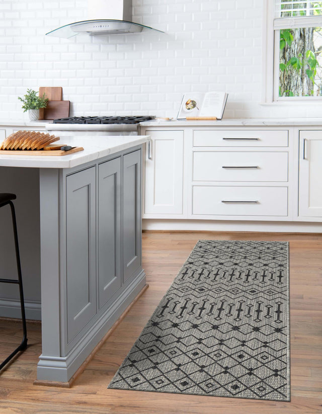 Gray 2' x 6' 1 Outdoor Trellis Runner Area Rug Weather Resistant for Patio, Deck, Terrace, Balcony, Porch Geometric Design Water Safe Outside Carpet for Sale at Rug Engine